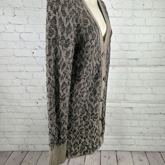 Free People Animal Print Wool Blend 5 Button Front Knit Long Cardigan Sweater L - Picture 10 of 10